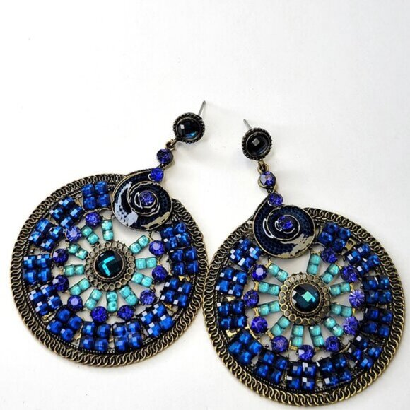 Cobalt Blue Rhinestone Circular Statement Earrings - Picture 1 of 7
